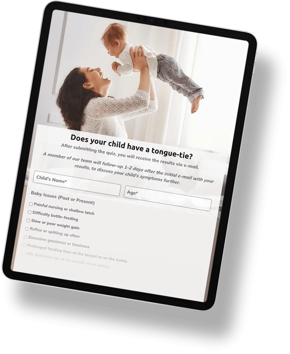 Mom holding a baby up high and a quiz preview within an iPad frame