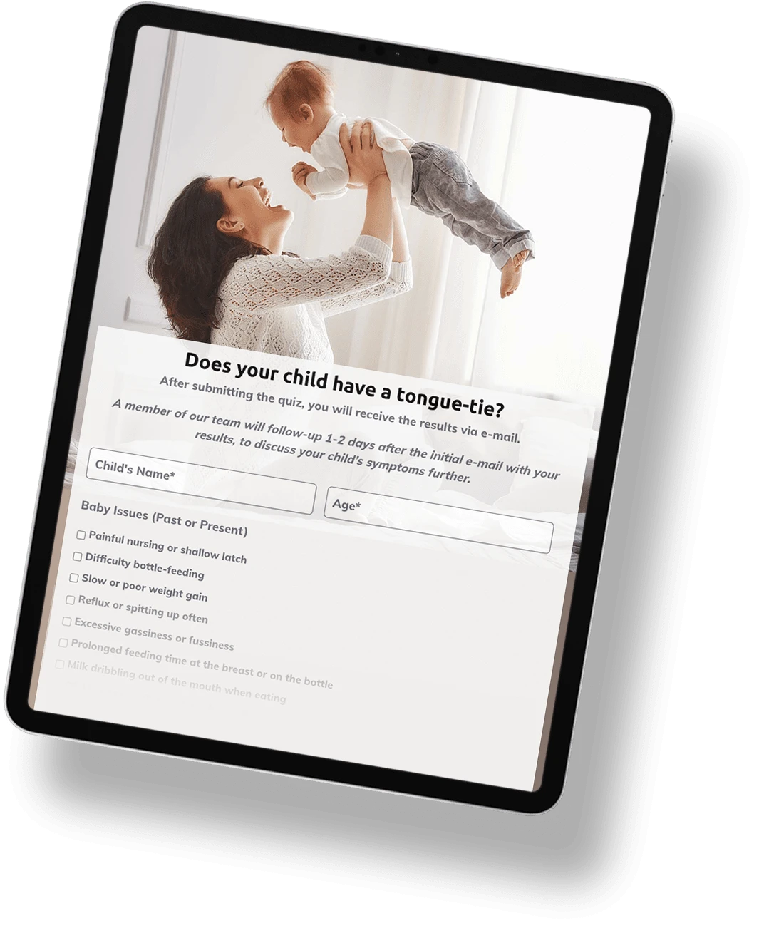Mom holding a baby up high and a quiz preview within an iPad frame